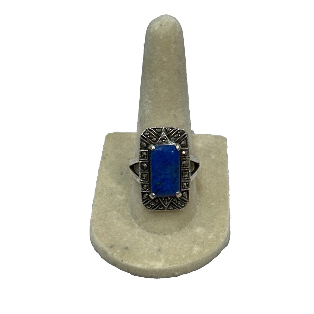 Vintage 925 Sterling Silver Blue Lapis Lazuli & Marcasite Ring Art Deco Size 7.5